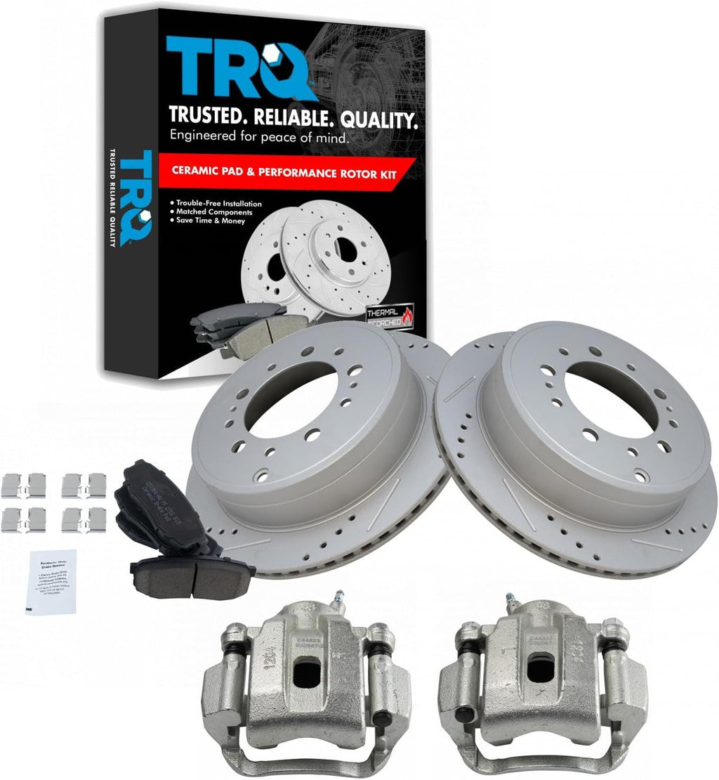 TRQ Performance Rear Brake Pad and Rotor Set Ceramic Drilled Slotted Coated Rotors Calipers Compatible with 2008-2015 Toyota Sequoia 2007-2015 Tundra