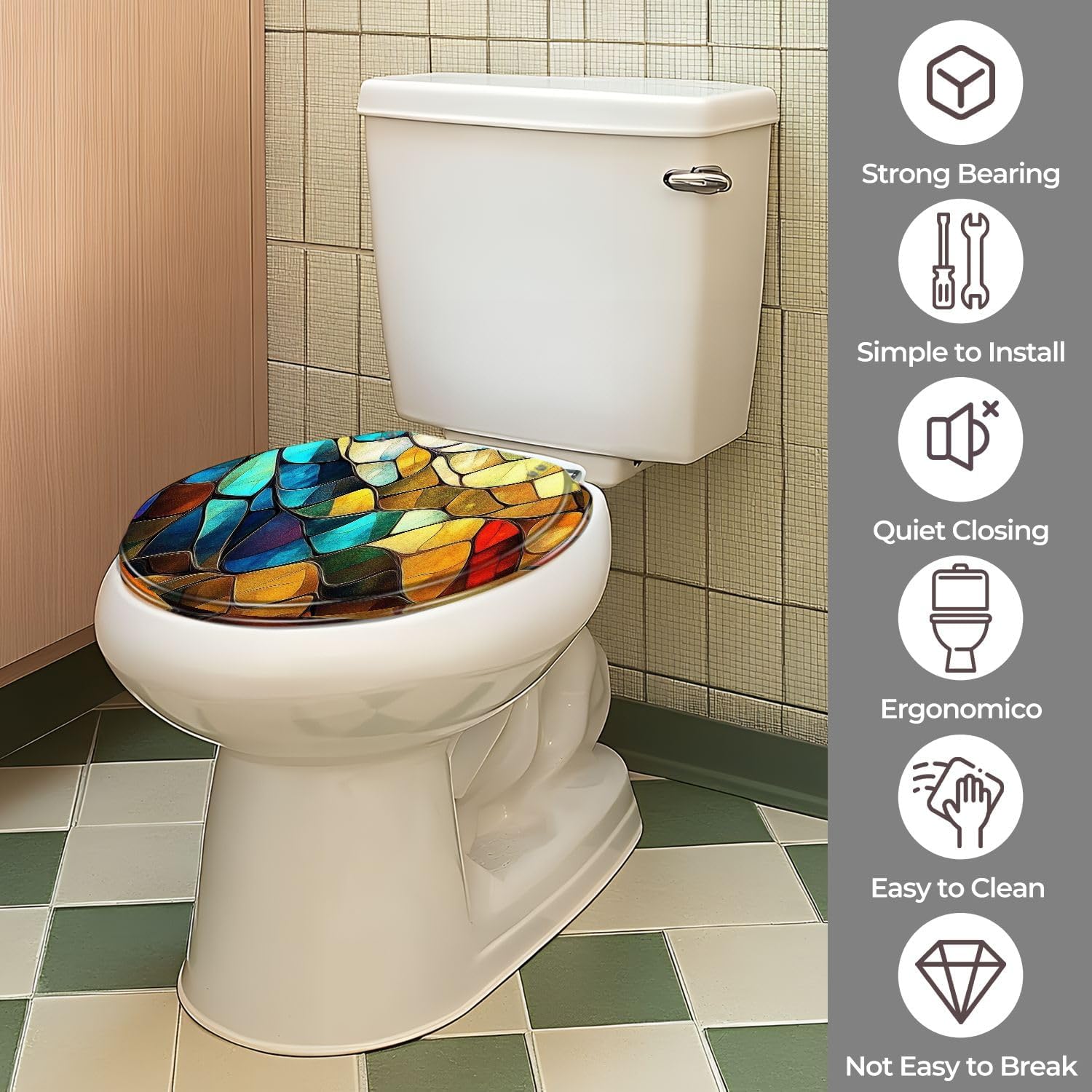 Round Toilet Seat Colorful stained glass window Abstract stained glass Art Nouveau Resin Colored Toilet Seat Quick Release Hinges with Cover Easy to Install Decorative for Bathroom
