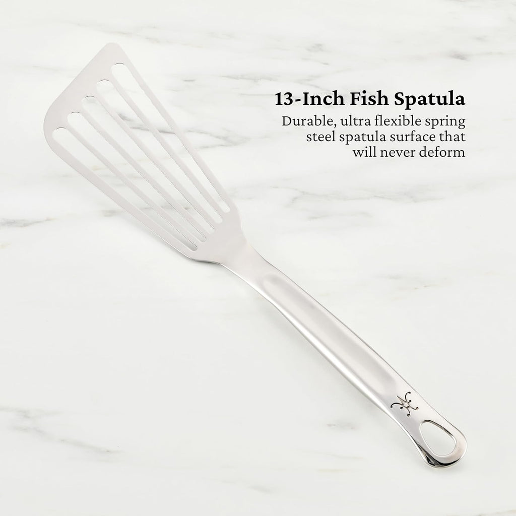 Hestan Provisions Chef's Tools, Essential Set (5-Piece), Stainless Steel Solid Spoon, Ladle, Pasta Fork, Turner/Spatula, Fish Spatula