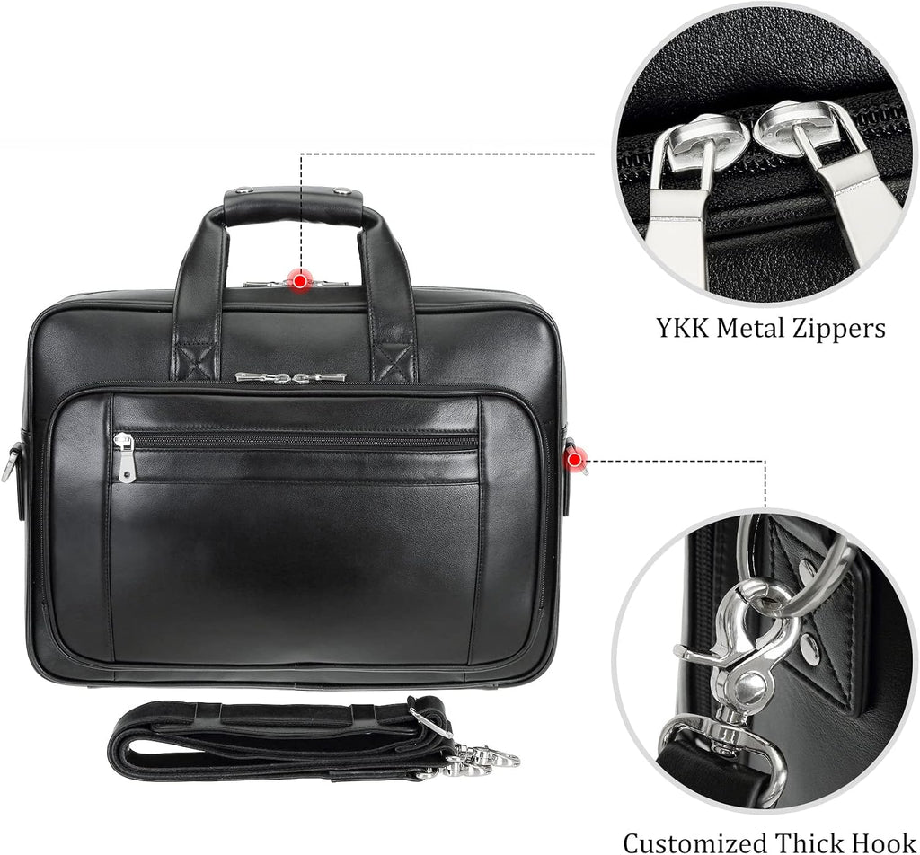 Men's Solid Thick Full Grain Leather 17.3' Laptop Briefcase Classic Messenger Bag Fit Business Travel | Solid, Thick, Full Grain Leather, 17.3', Classic, Fit
