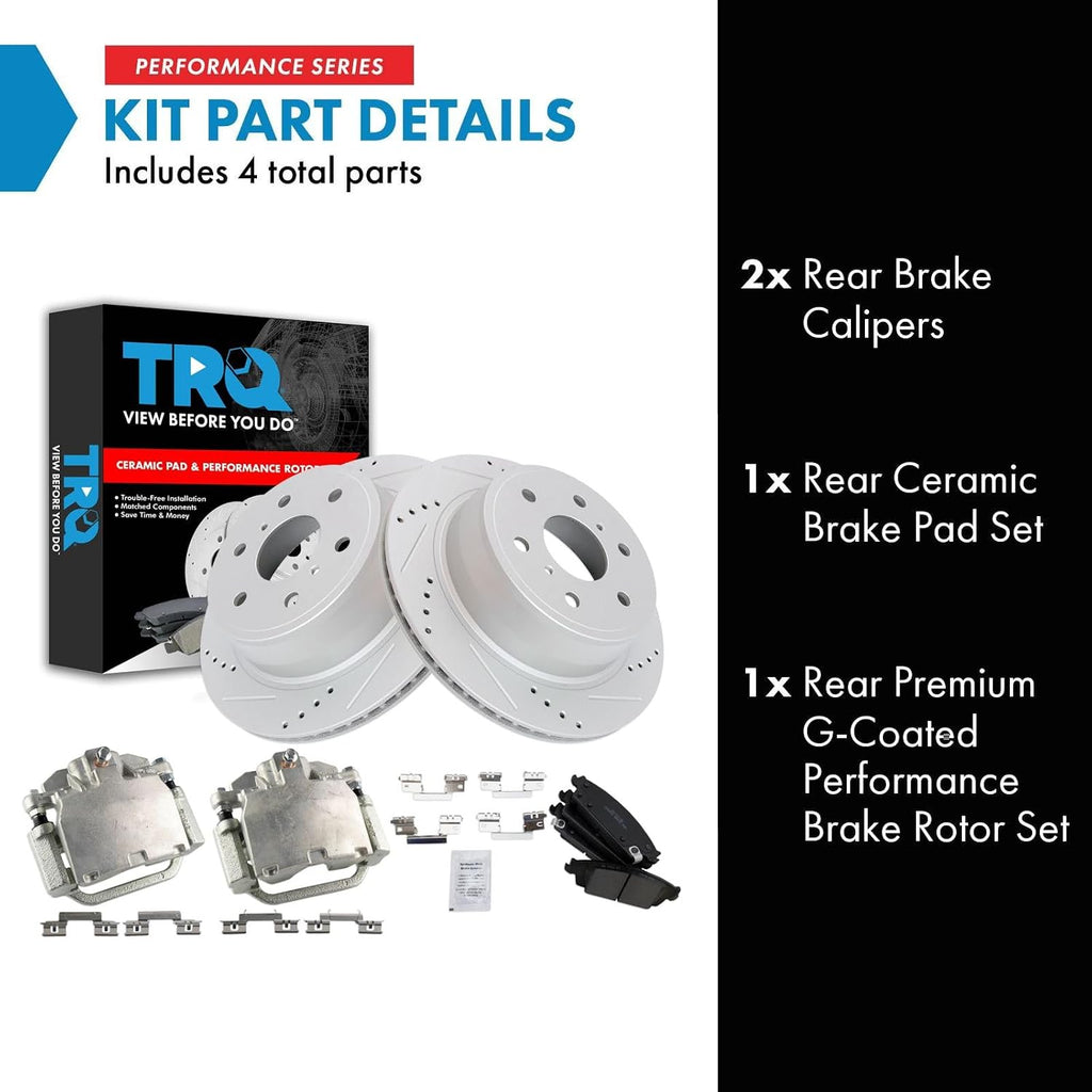 TRQ Performance Rear Brake Pad & Rotor Set Ceramic Coated Drilled Calipers Compatible with 14-18 Chevrolet Silverado GMC Sierra 2019 1500 15-20 Cadillac Escalade Tahoe 15-18 Suburban 15-19 Yukon