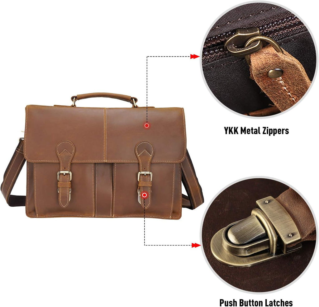 Polare 16' Full Grain Leather Messenger Bag Laptop Briefcase Bag Professional Work Bag For Men with YKK Zippers