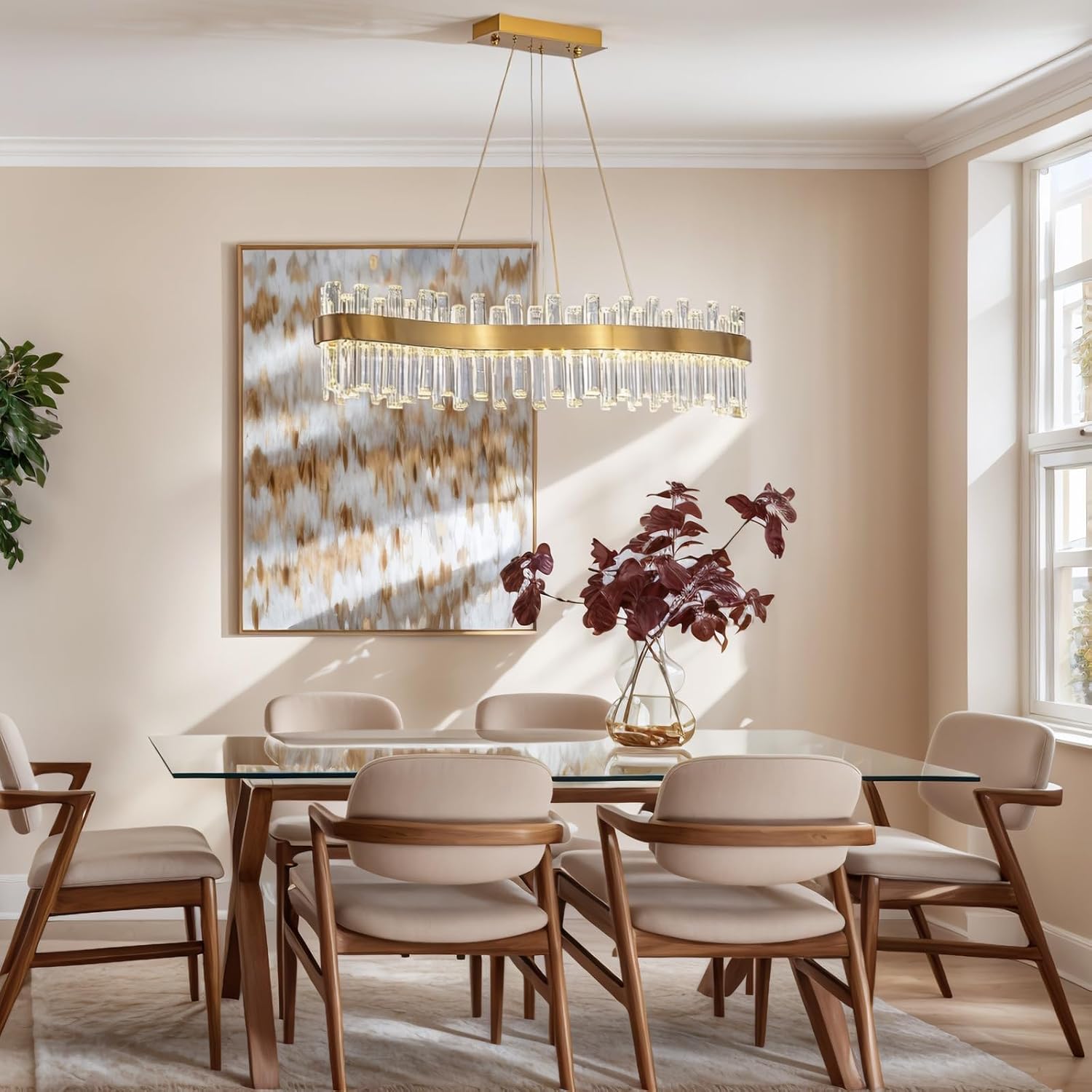 Siljoy Modern Gold Crystal Chandelier, Luxury 2-Tiers K9 Crystal Raindrop Chandelier, Dimmable Color-Changing Linear Crystal Pendant Ceiling Light for Living Dining Room Kitchen Island L47''