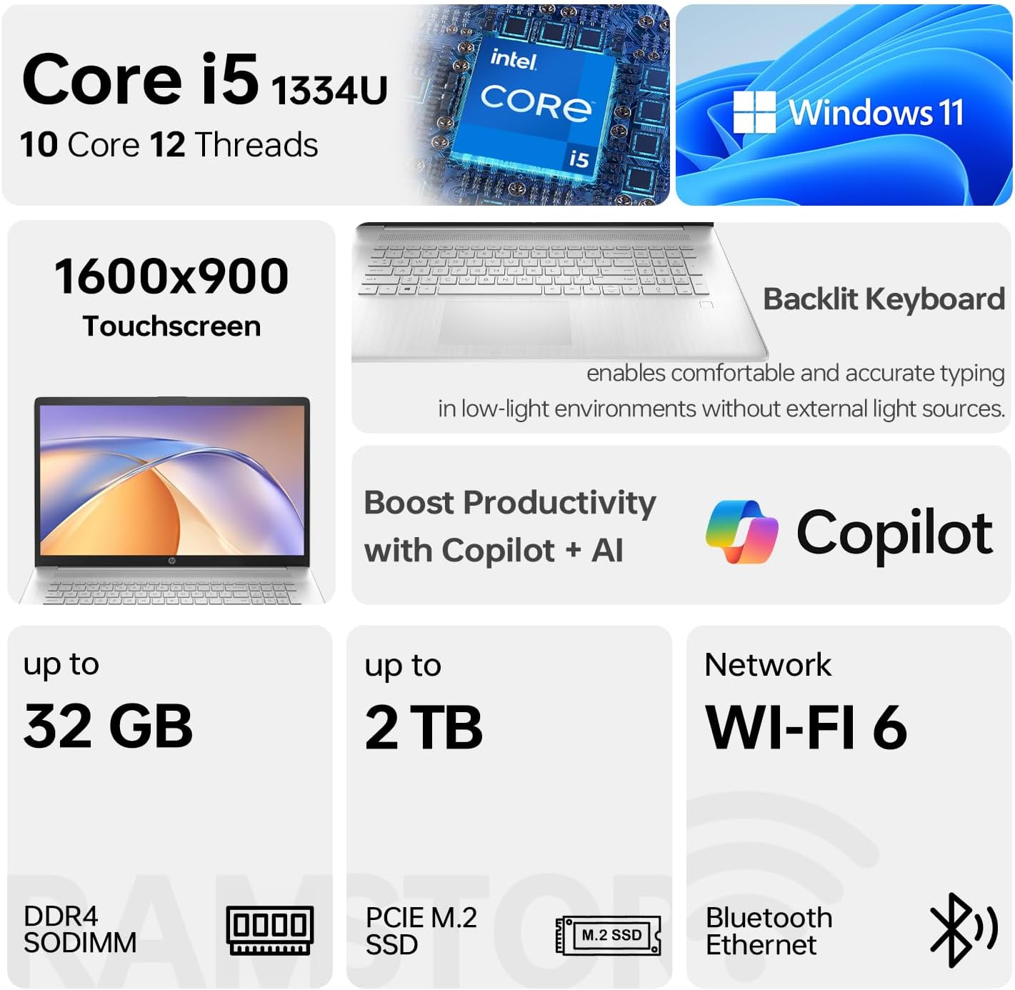 HP 17t Laptop, 17.3' HD+ Touchscreen, Intel Core i5-1334U, 32GB RAM, 512GB SSD, Webcam, HDMI, Backlit KB, Wi-Fi 6, Windows 11 Home, Silver