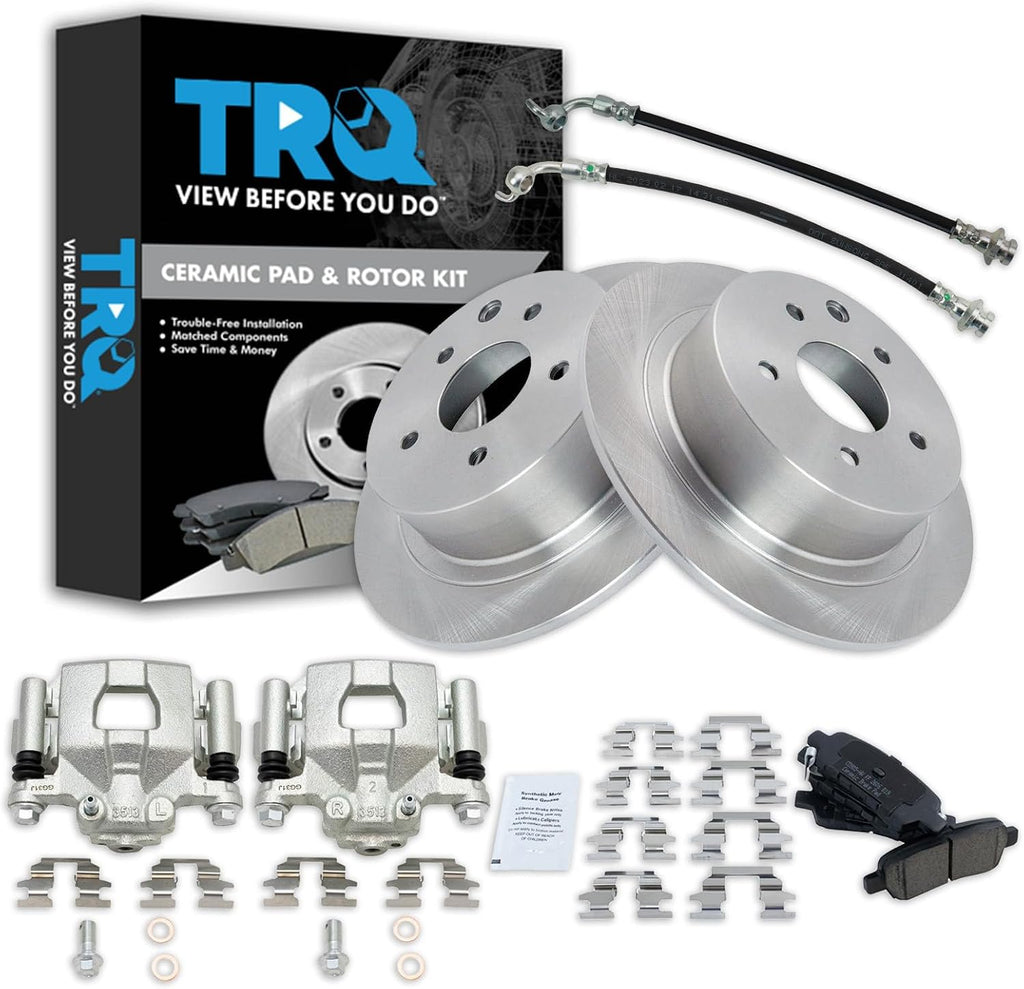 TRQ Rear Brake Pad and Rotor Set Ceramic Rotors Calipers Hoses Compatible with 2002-2006 Nissan Altima 2004-2006 Maxima