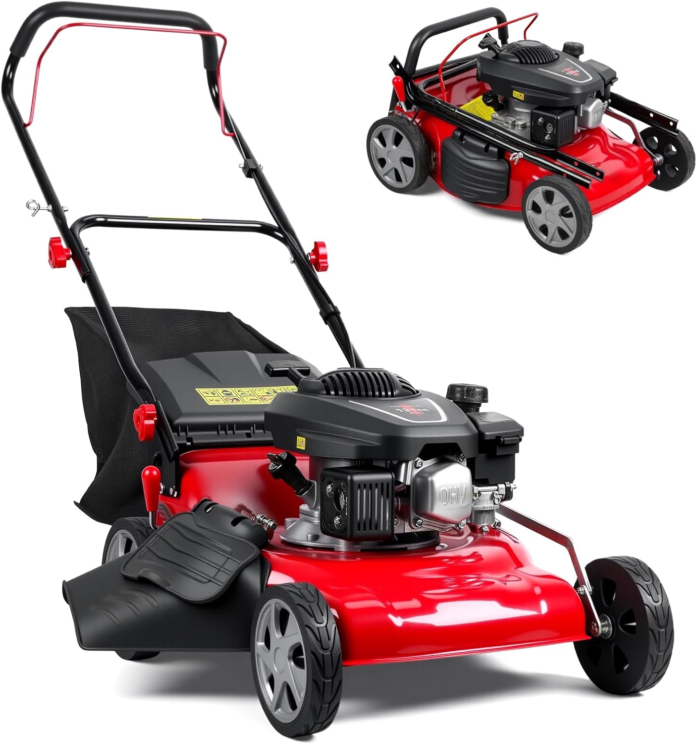 131cc 3-in-1 Self Propelled Gas Lawn Mower, Powerful Push Lawn Mower Gas with 50L Grass Bag & Big Wheels, Gas Powered Walk Behind Lawn Mowers for Large Yards, Mulching/Side Discharge/Rear Bag (Red)