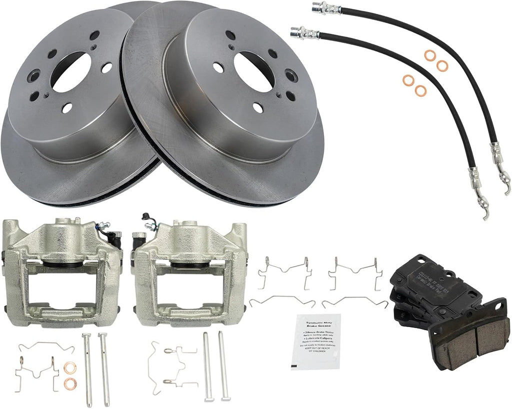 TRQ Rear Brake Pad and Rotor Set Ceramic Rotors Calipers Hoses Compatible with 2006-2013 Lexus IS350