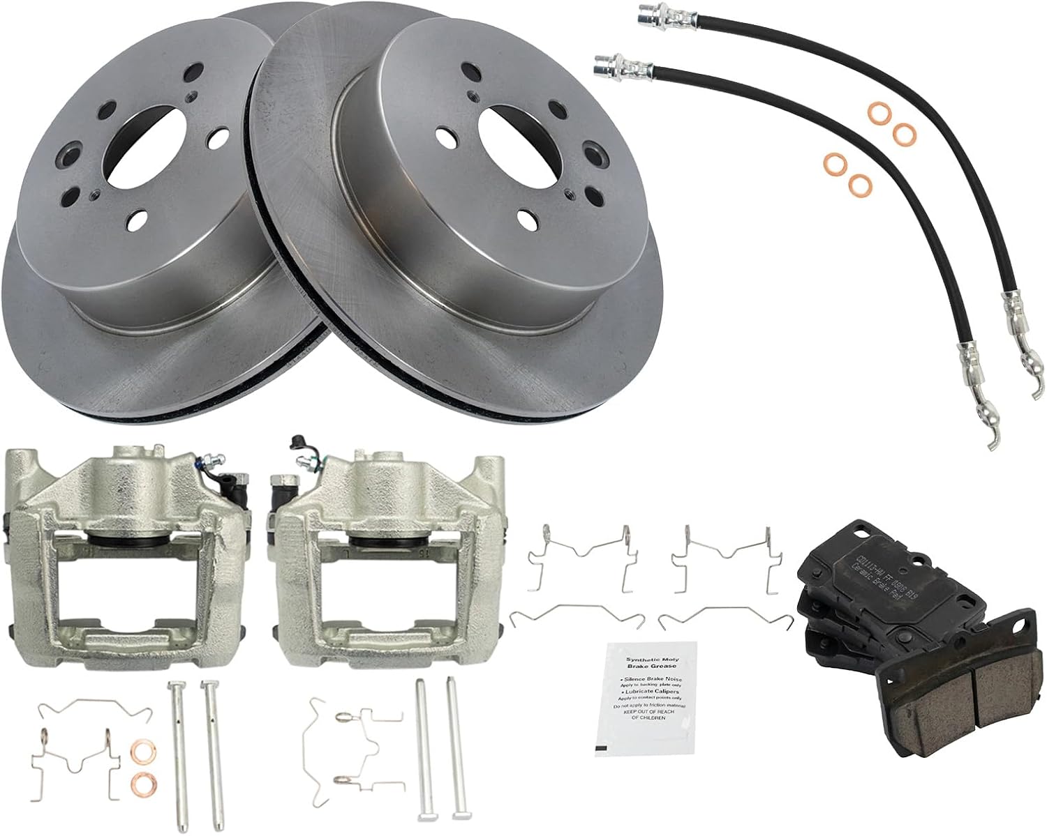 TRQ Rear Brake Pad and Rotor Set Ceramic Rotors Calipers Hoses Compatible with 2006-2013 Lexus IS350