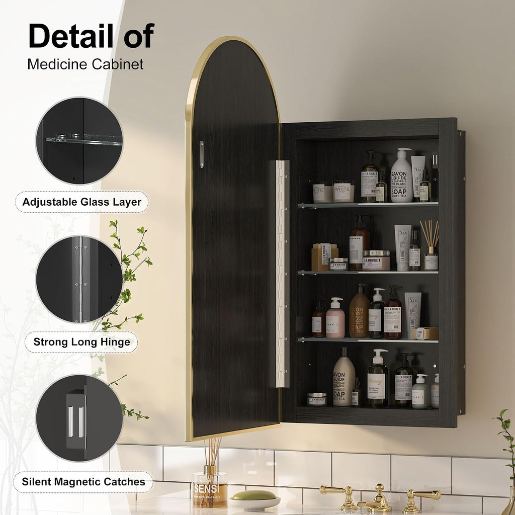 Recessed Medicine Cabinet Mirror,Brushed Brass Gold Arched Medicine Cabinet with Mirror for Bathroom,Metal Edge Mirrored Medicine Cabinets,in Wall Arch Mirrored Cabinets with Storage 16x31