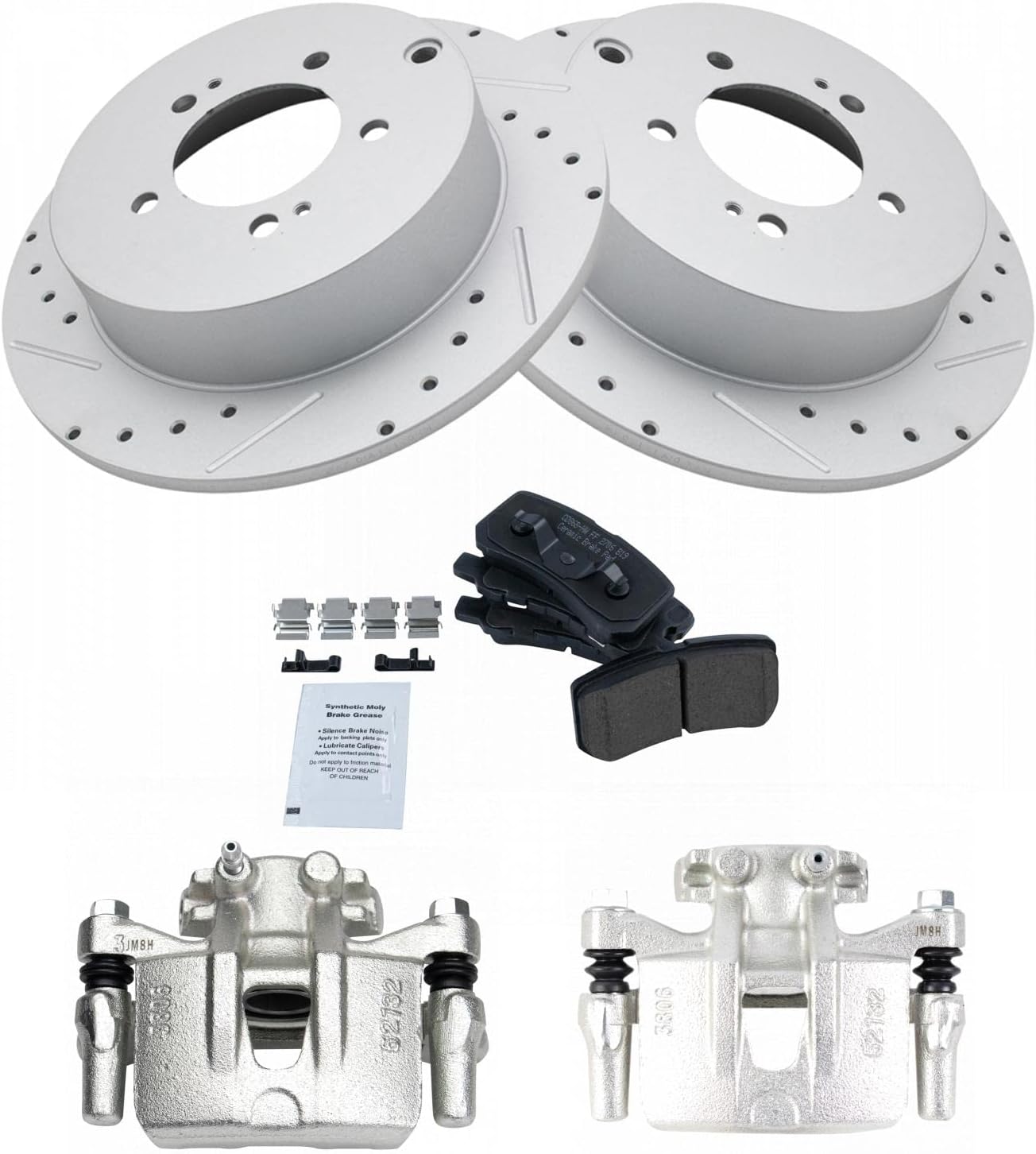 TRQ Performance Rear Brake Pad and Rotor Set Ceramic Solid G Coated Rotors Calipers Compatible with 2009-2011 Mitsubishi Lancer 2008-2013 Outlander