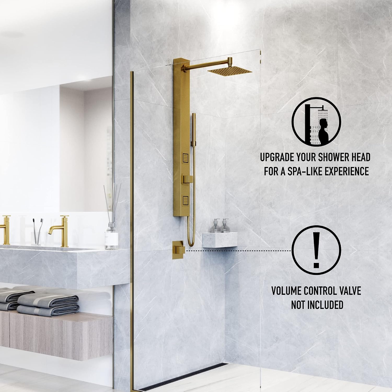 VIGO Orchid 39 in. H x 4 in. W 2-Jet Shower Panel System with Square Head and Hand Shower Wand in Matte Brushed Gold VG08014MG