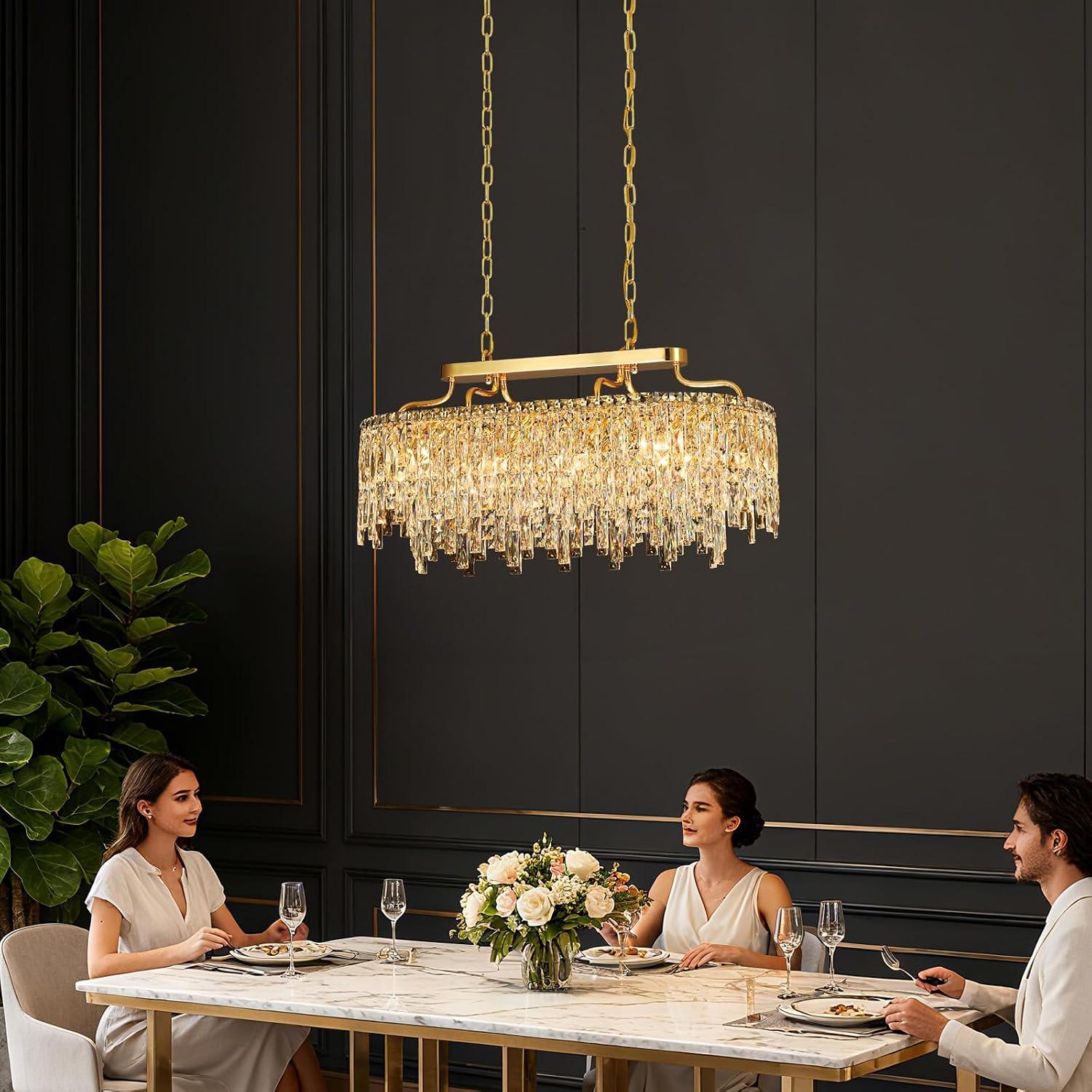 Gold Crystal Chandelier | Modern Luxury Oval-Shaped Chandeliers for Dining Room Light Fixture, 32' 10-Light Crystal Ceiling Lighting Fixture for Dining Room Kitchen Island Bar