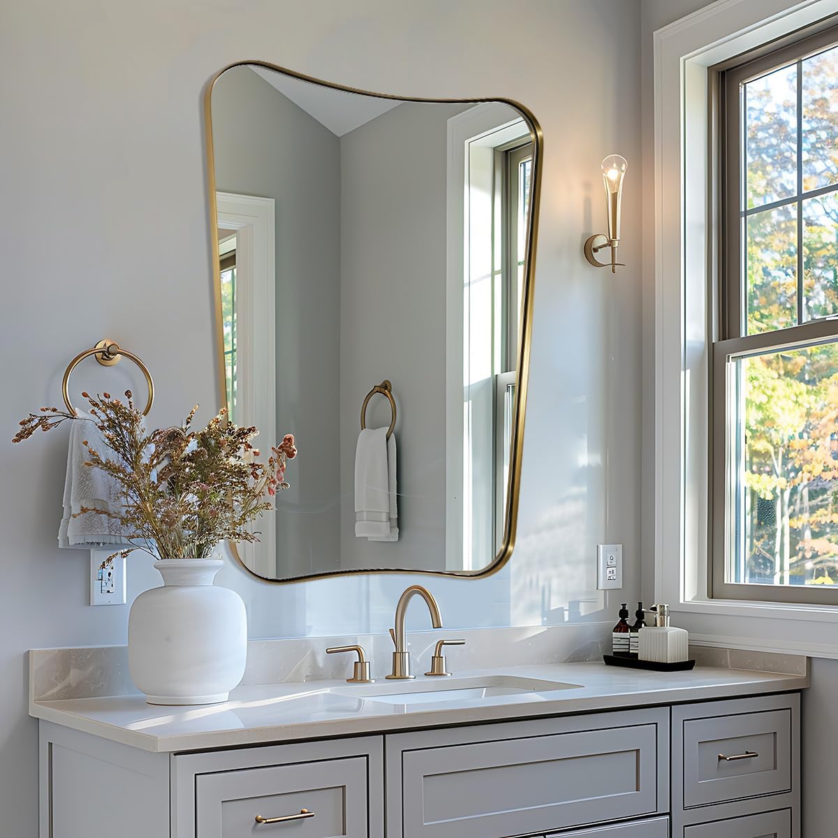 MIRRORART Contemporary 22x30'' Brushed Gold Mirrors | Brass Irregular Mirror Butterfly-Shaped /1'' Rustproof Stainless Steel Metal Frame for Bathroom Sinks/Wall-Mounted Vertical