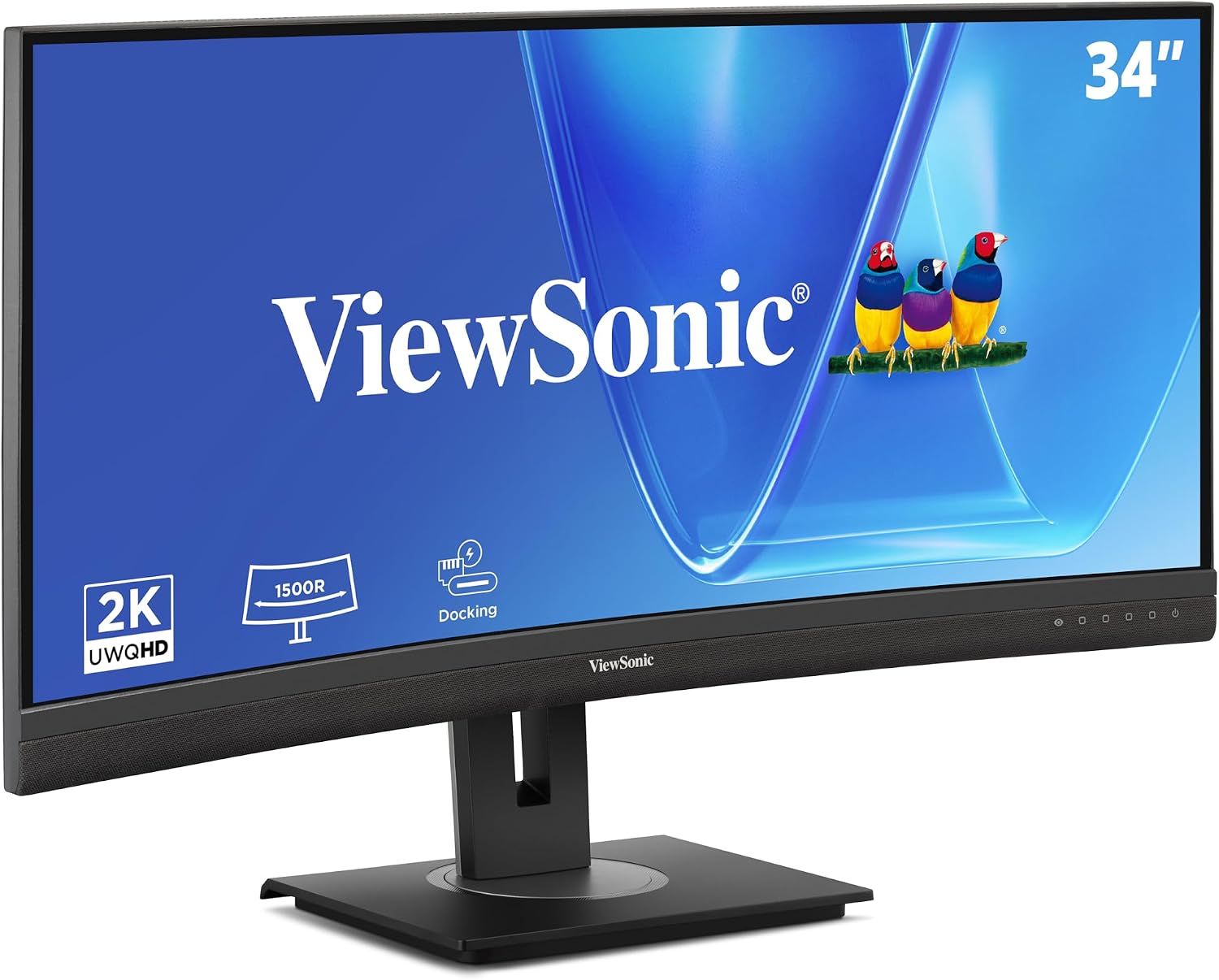 ViewSonic VG3456CA 34 Inch 1440p Ultrawide Docking Monitor, Curved IPS Display for Smooth Home and Office Productivity, Full Ergonomic Adjustability, 100W USB-C, RJ45, and HDMI Inputs