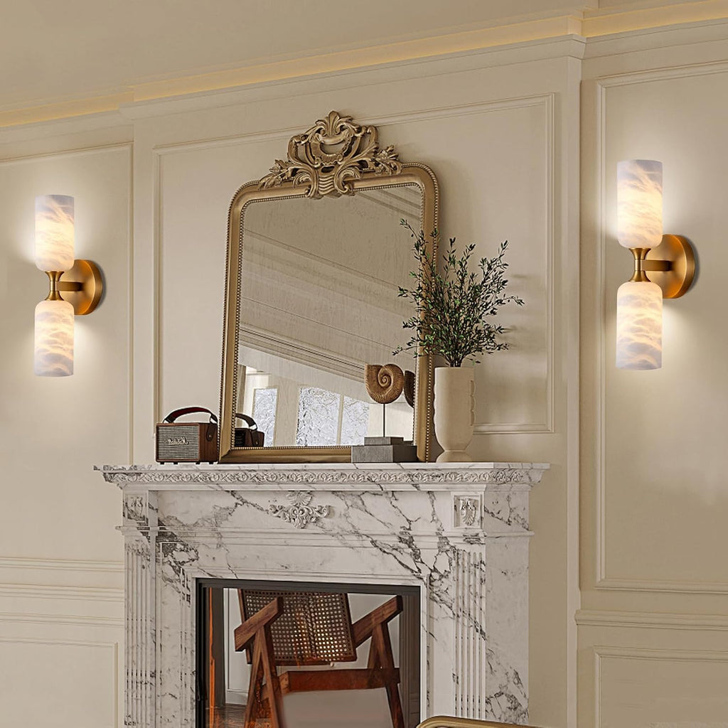 Alabaster Wall Sconce, 14in Modern Spanish Natural Marble Bathroom Vanity Sconces, Unique Indoor Brass Wall Lighting,Gold Fixtures Decor for Bedroom Living Room Staircases