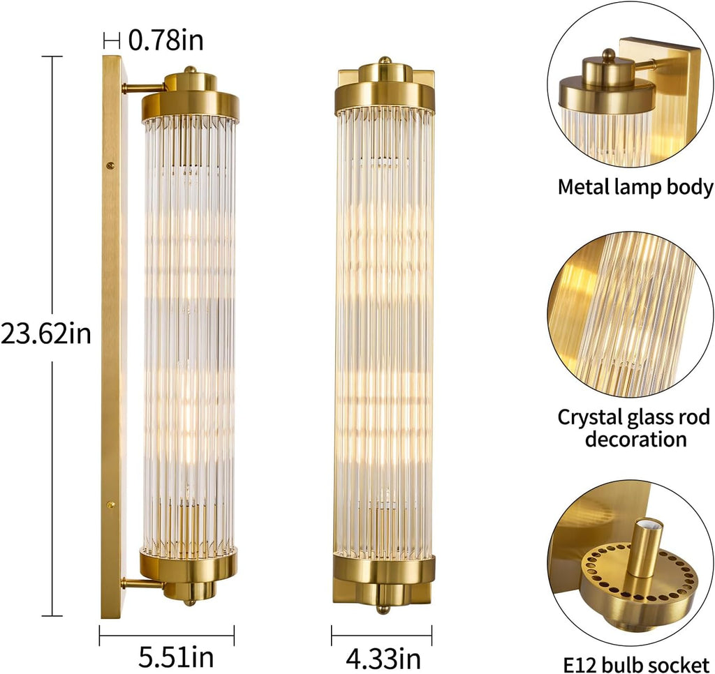 Gold Wall Sconces with Crystal Glass Strip Bathroom Sconces 2 Light E12 Base Modern Wall Lights for Bedroom Living Room Hallway Wall Light Fixtures (1 Pack)
