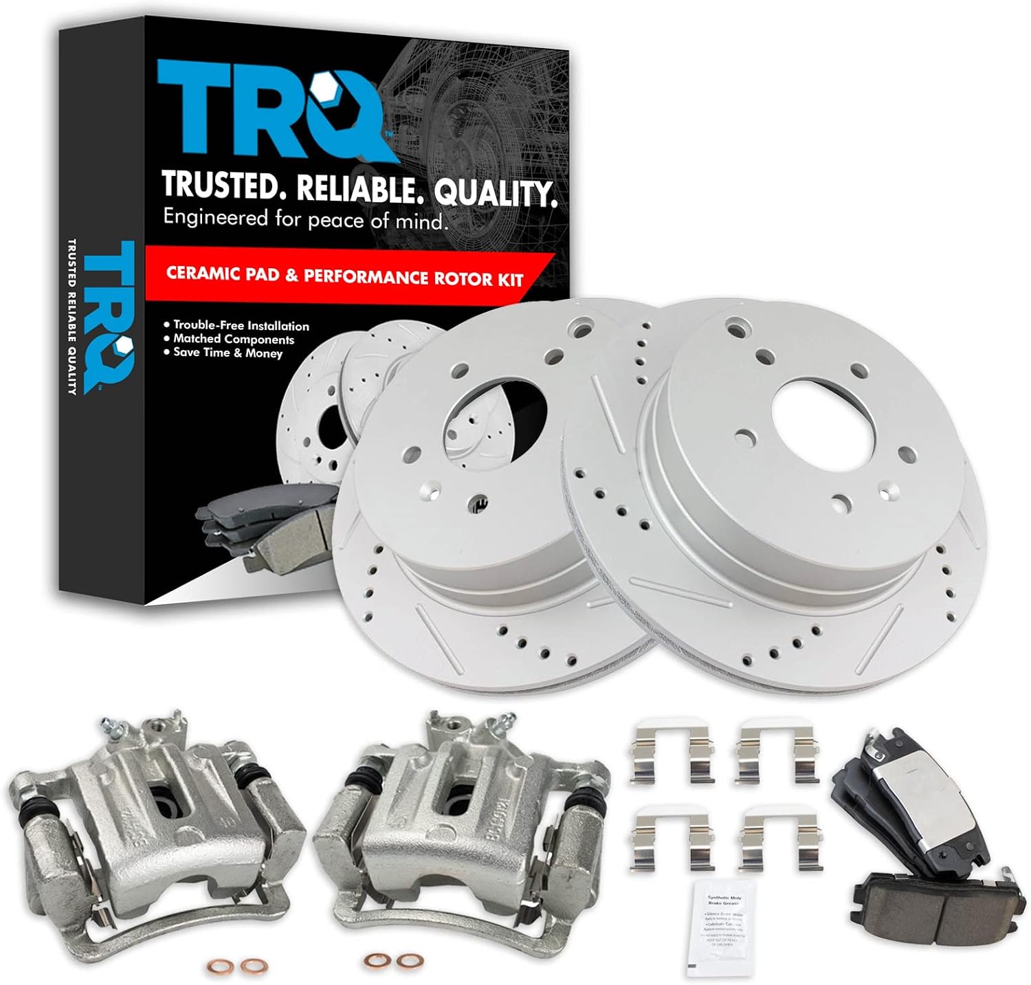 TRQ Performance Rear Brake Pad and Rotor Set Ceramic Vented Coated Rotors Calipers Compatible with 2007-2009 Chevrolet Equinox Pontiac Torrent 2008-2010 Saturn Vue