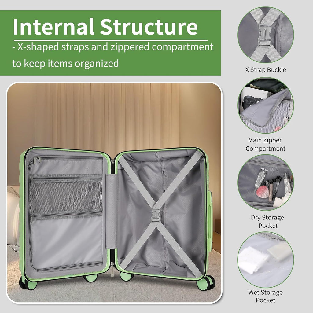 WireHot 5-Piece Luggage Set, Lightweight ABS+PC Hard Shell Suitcase with YKK Zipper & TSA Lock for Family, Avocado Green, 14in/18in/20in/24in/28in