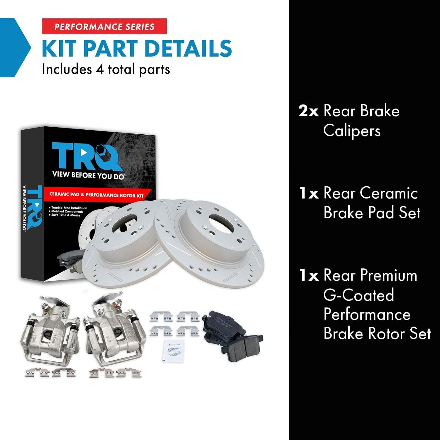 TRQ Performance Rear Brake Pad and Rotor Set Ceramic Solid G Coated Rotors Calipers Compatible with 2013-2017 Honda Accord