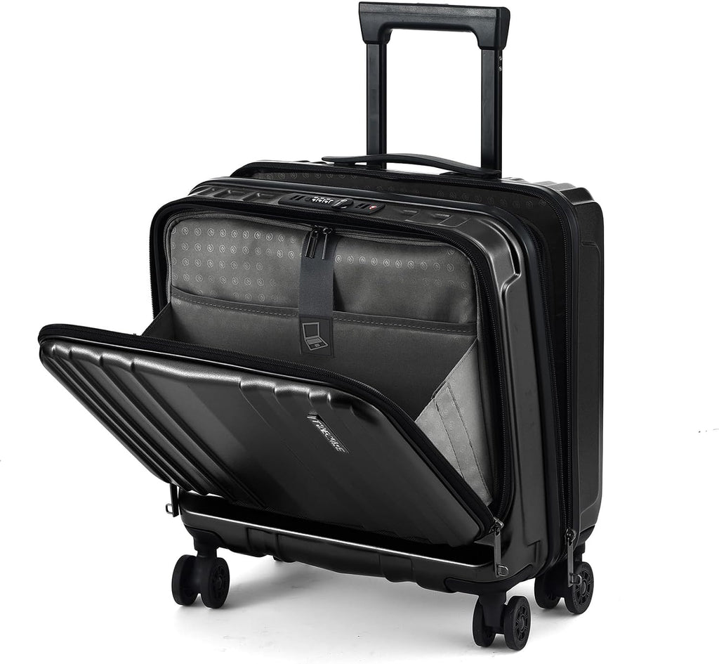 TydeCkare 16' Carry on Luggage with 2 Laptop Compartments, Lightweight Hardshell ABS+PC Suitcase with Dual Control TSA Lock, with YKK Zipper, 4 Spinner Silent Wheels, for Business Travel, Black