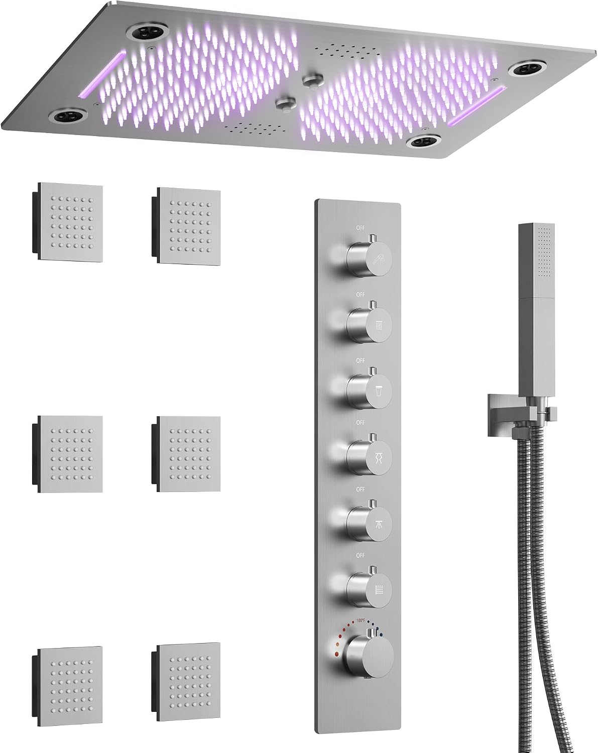 Luxury LED Shower System, 28' x 16' Ceiling Mount Bluetooth Music Speaker 4 Function Shower Head with 6 Body Jets, Brushed Nickel