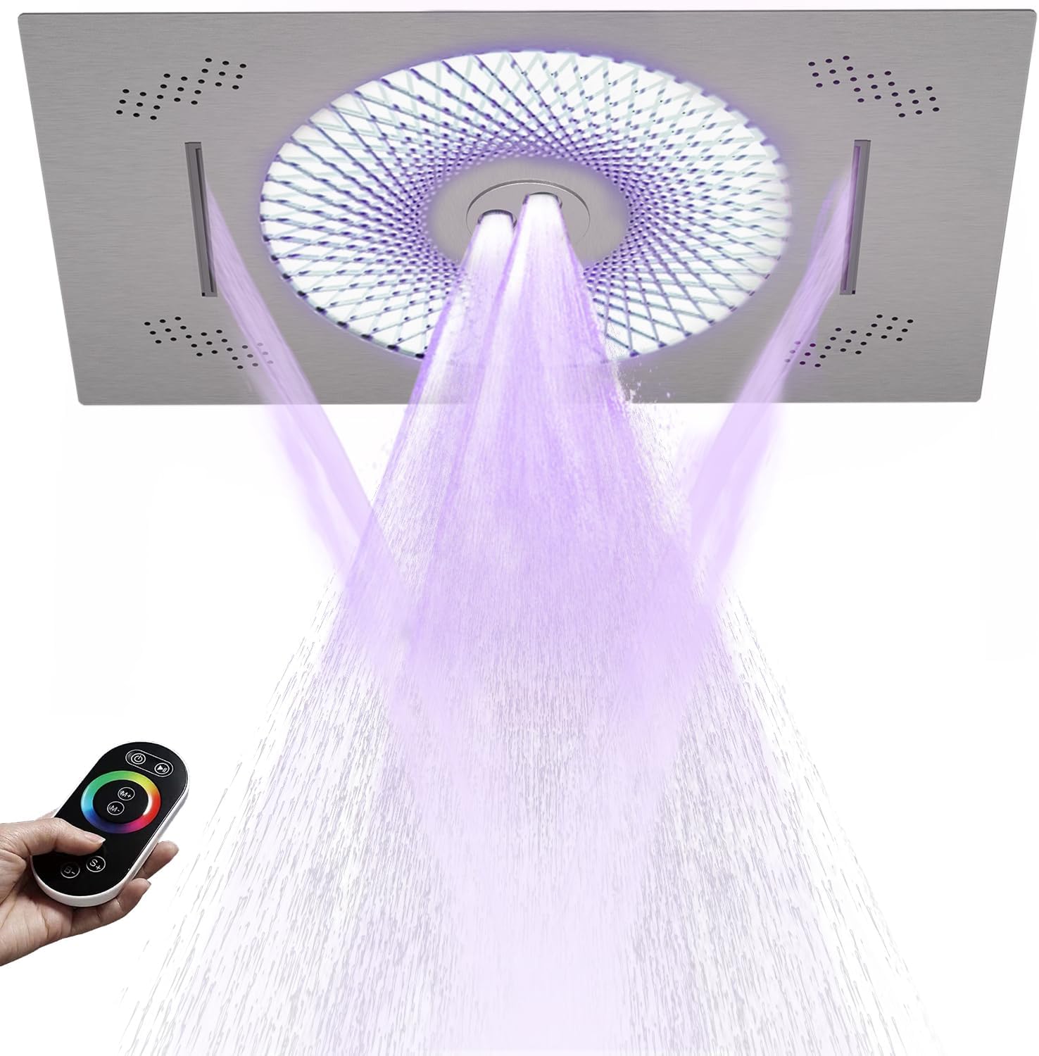 24x16 inch LED Shower head, 2 Function Stainless Steel Rectangle Waterfall And Mist Ceiling Mount Shower Head, 600 * 405mm Spray Waterfall Shower Head with Remote Control, Brushed Nickel