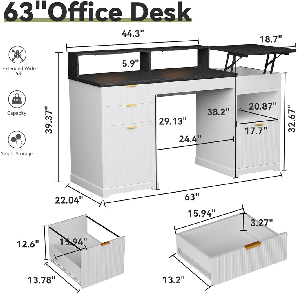 Fluted Desk with Drawers, 63' Home Office Executive Desk with Lift Top, Filing Cabinet, Gaming Desk Charging Station, Sensor Lights, Computer Table with Monitor Stand, White