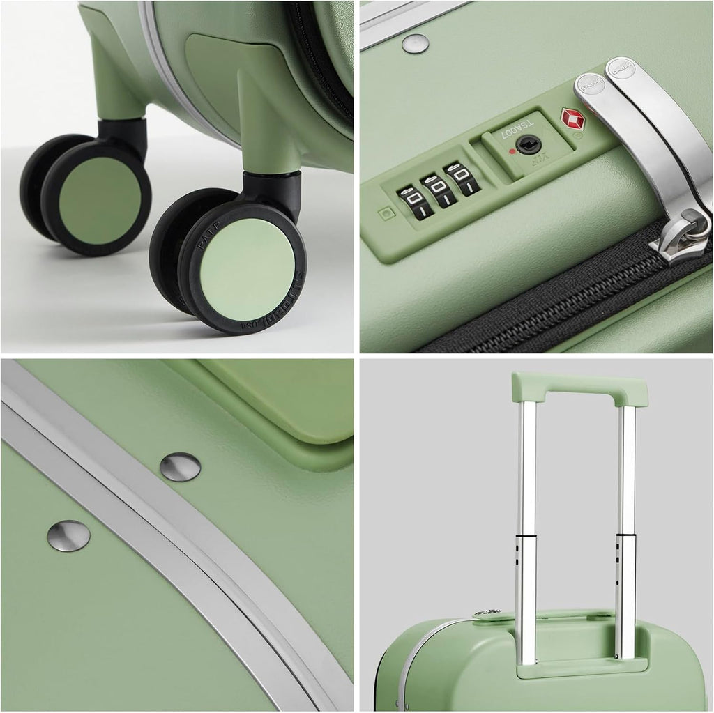 mixi Carry On Luggage, 18' Suitcase with Front Pocket, Travel Luggage Aluminum Frame PC Hardside with Spinner Wheels & TSA Lock and Cover (Not for Underseat), Avocado Green