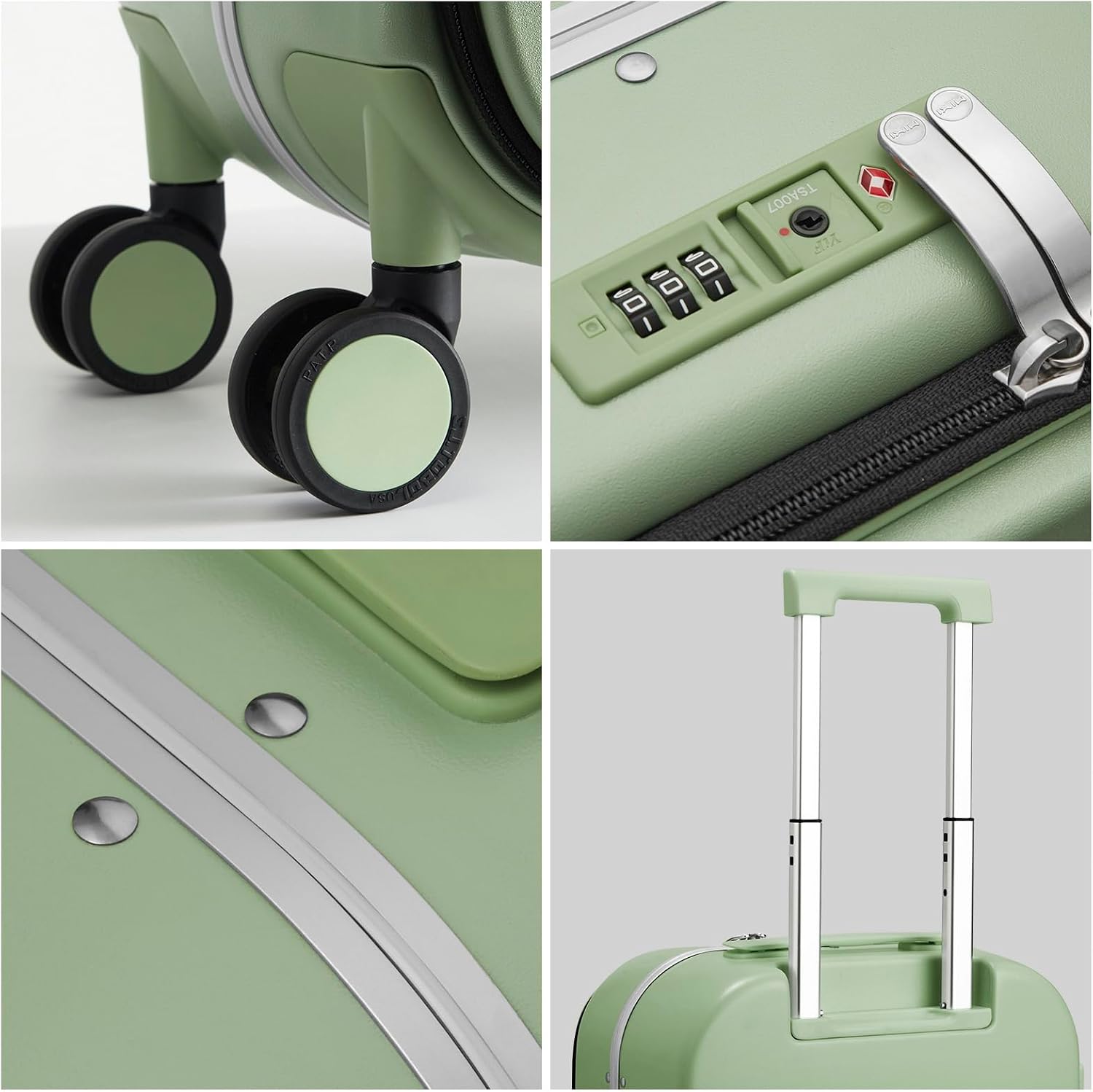 mixi Carry On Luggage, 18' Suitcase with Front Pocket, Travel Luggage Aluminum Frame PC Hardside with Spinner Wheels & TSA Lock and Cover (Not for Underseat), Avocado Green