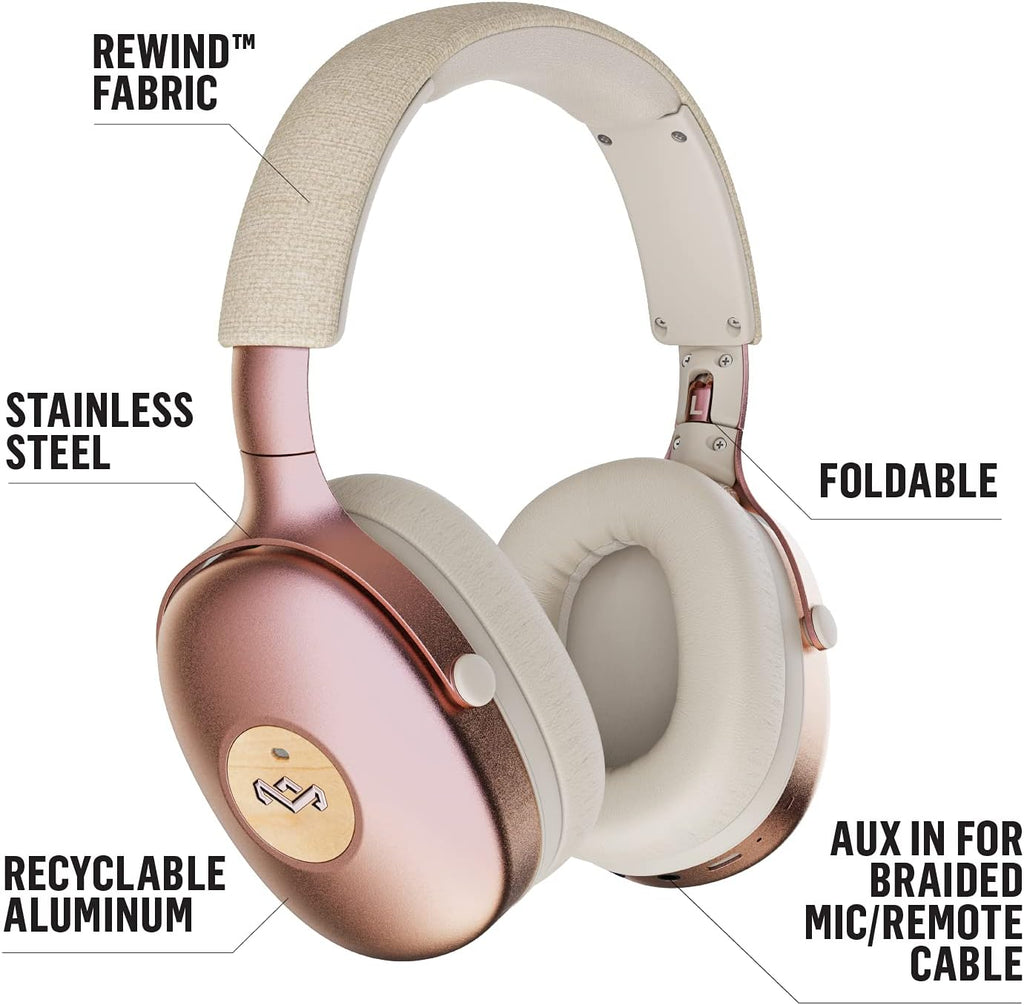 House of Marley Positive Vibration XL ANC: Noise Cancelling Over-Ear Headphones with Microphone, Wireless Bluetooth Connectivity, and 26 Hours of Playtime, Copper