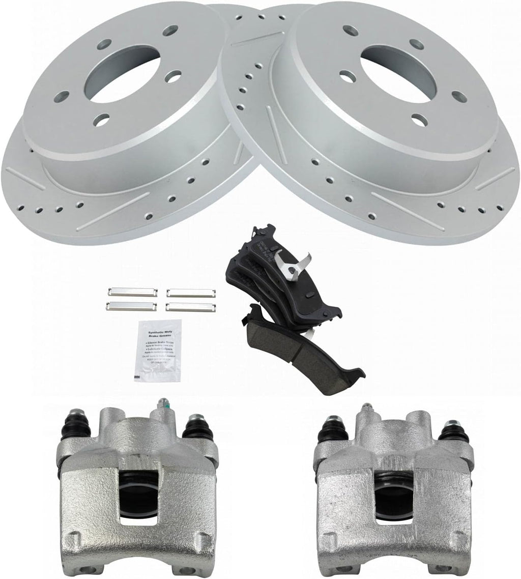 TRQ Performance Rear Brake Pad and Rotor Set Ceramic Coated Drilled Slotted Vented Rotors Calipers Compatible with 1995-2001 Ford Explorer 1997-2001 Mercury Mountaineer 2002 Ranger