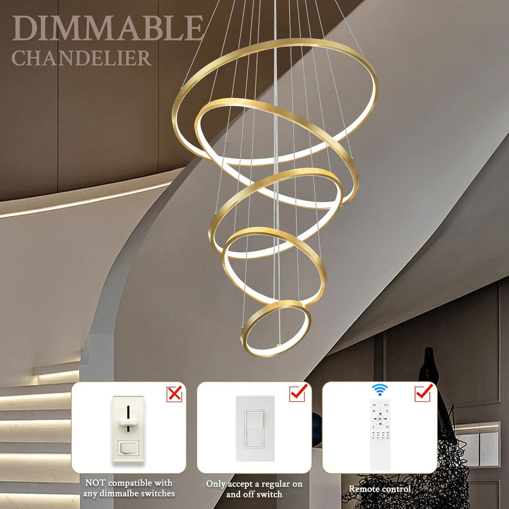 5 Ring Modern LED Chandelier Dimmable Gold High Ceiling Chandeliers for Foyer, LED Contemporary Large Pendant Lighting with Remote Control Circular for Living Room Staircase, 3000K-6500K