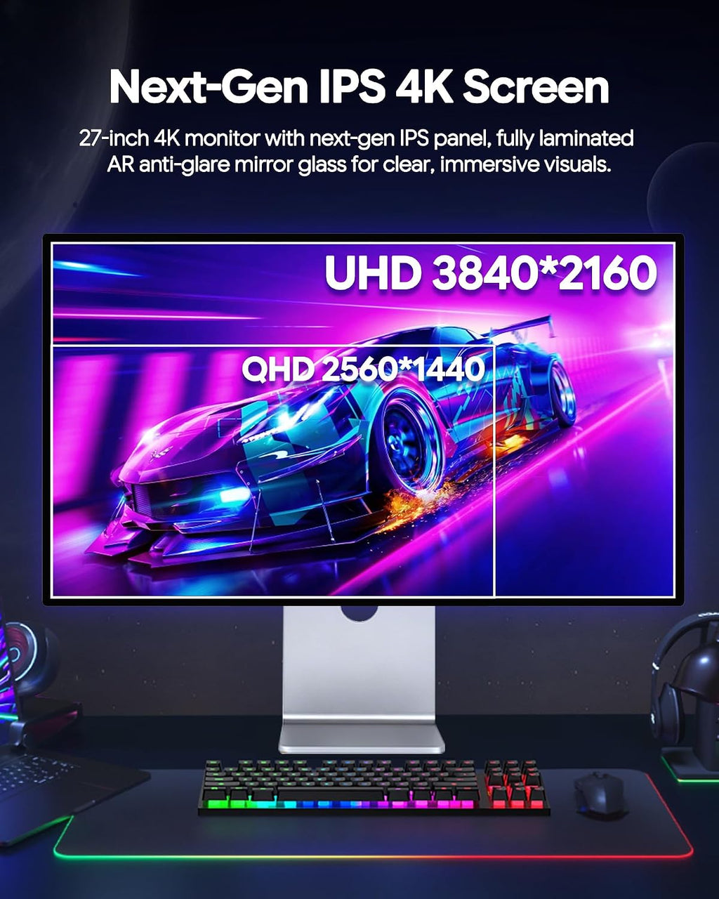 P27D 27'' UHD (3840 x 2160) 4K 144Hz Glossy Monitor, IPS Panel, 10-Bit Color, 99% sRGB, 96% DCI-P3, 5ms, HDR, Low Blue Light, Eye Care (Minimalist - with Stand)