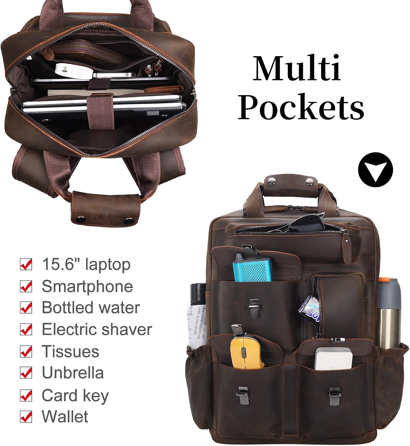Masa Kawa Leather Backpack for Men Vintage 15.6 Inch Laptop Bag Multi Pockets Casual Work Travel Camping Daypack (deep brown)