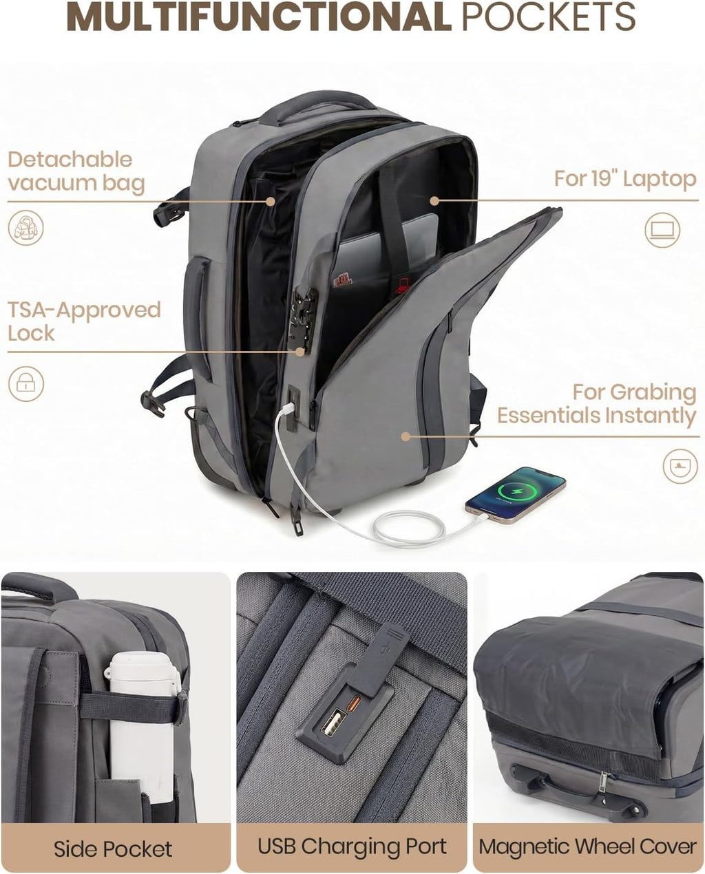 Fanwoli Rolling Vacuum Backpack Travel with One-Button Compression, Expandable Carry-On Suitcase Luggage, Approved TSA Lock & Water-Proof Laptop Compartment for Outdoor/Family/Business Trips