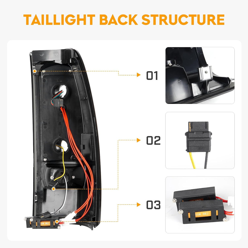 LED Tail Light + 3rd Third Brake Light Kit Fit for Chevy Silverado 1500 2500 HD 1999-2002, for GMC Sierra 1500 2500 HD Fleetside 1999-2003, Driver and Passenger Side Taillights, Smoke Lens