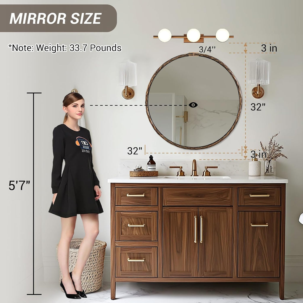 ANDY STAR Hand-Forged Bronze Round Bathroom Mirror, 32 Inch Antique Oil Rubbed Bronze Circular Mirror, Solid Steel Hammered Frame, for Wall Decor, Vanity, Entry, Fireplace, Mantle