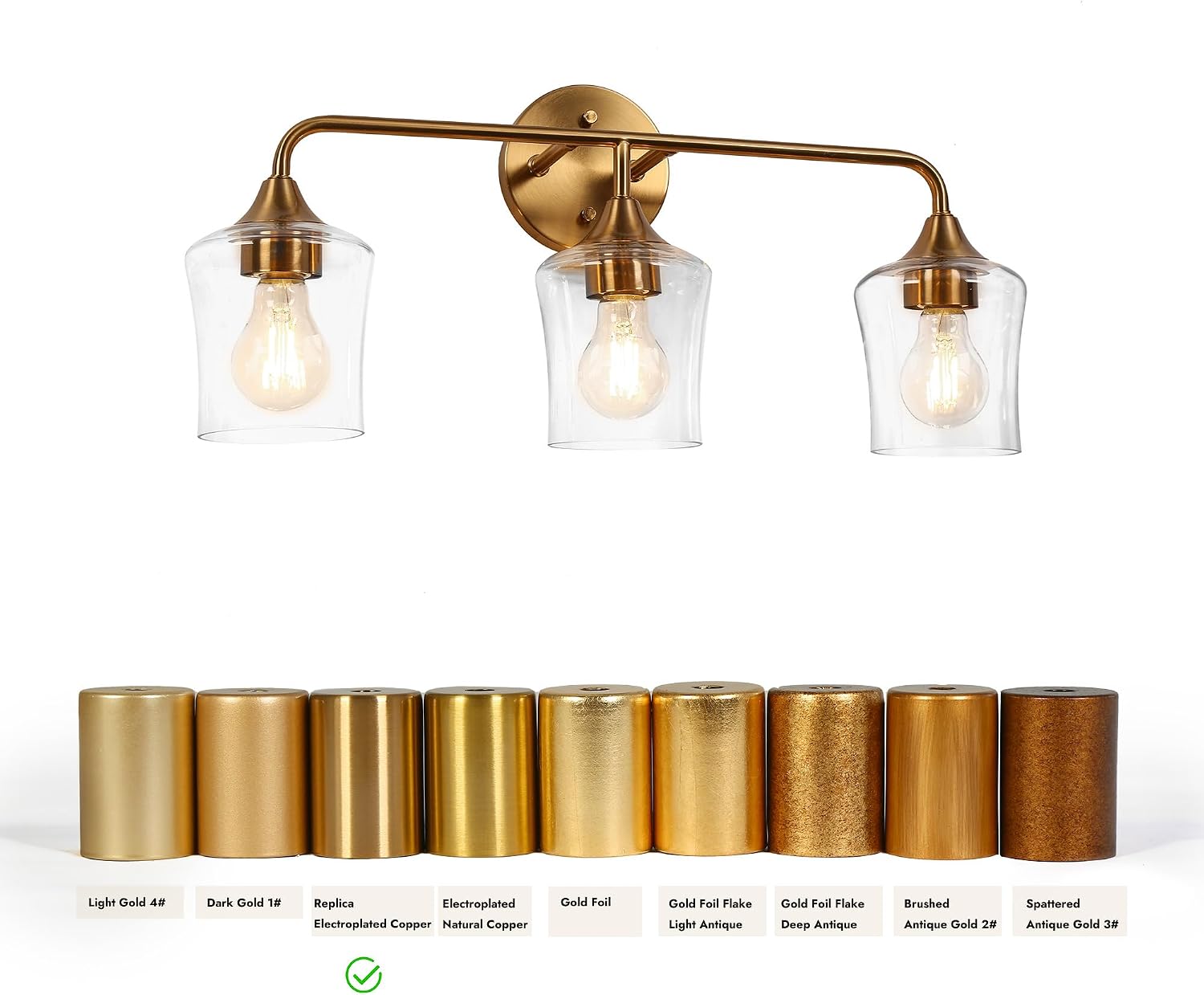 KSANA Gold Bathroom Light Fixture, 3-Light Vanity Light Over Mirror, Modern Glass Wall Sconce with Electroplated Antique Brass Finish