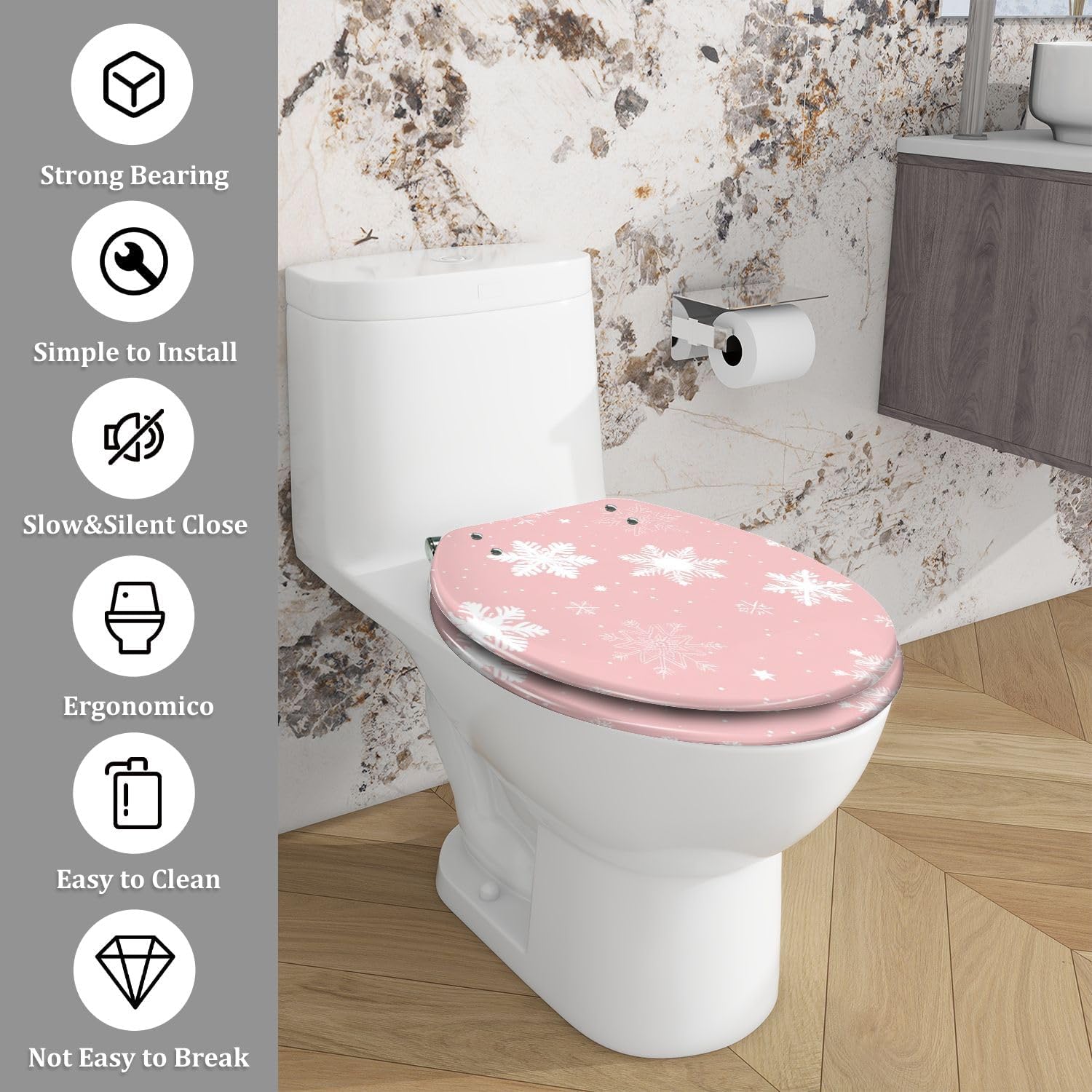 Elongated Toilet Seat Seamless winter cute pink snowflakes white snowflakes Resin Toilet Seat with Quietly Close Quick Release Hinges Decorative Toilet Seat with Cover Easy to Clean and Install