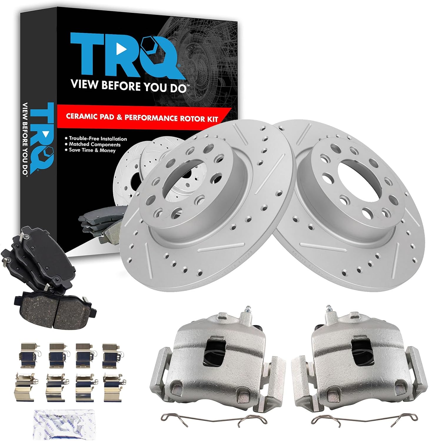 TRQ Performance Rear Brake Pad and Rotor Set Ceramic Solid Rotors Calipers Compatible with 2018 Fiat 500X 2018 Jeep Renegade