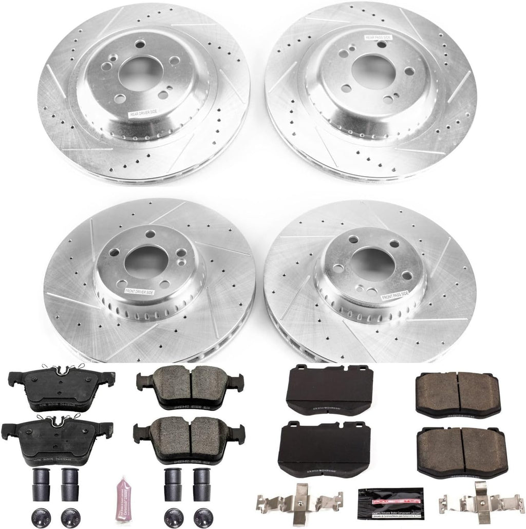 PowerStop Front and Rear Brake Kit for Mercedes-Benz C300 2015-23 |C350e 2016-18 |C400 2015 - Drilled and Slotted Disc Rotors with Carbon-Fiber Ceramic Brake Pads Replacement, K8050
