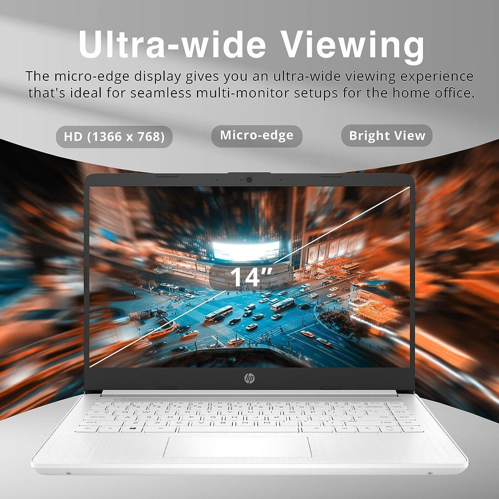 HP New 14' HD Ultral Light Thin Laptop, Quad-Core Intel Celeron Processor, 16GB RAM, 320GB (64GB eMMC+ 256GB SD), Wi-Fi, Upto 11 Hours, Windows 11 S + 1 Year Office 365+HubxcelAccessory, White