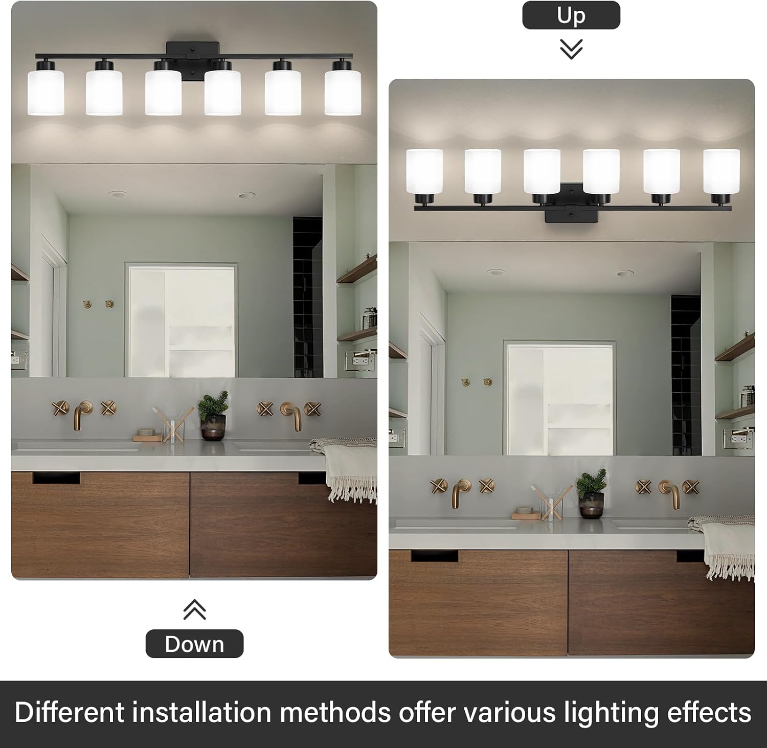FonmYim Black Bathroom Light Fixtures, 6-Light Modern Vanity Light Over Mirror, Wall Sconces with Milky White Frosted Glass Shades, E26 Socket (Bulbs Not Included)