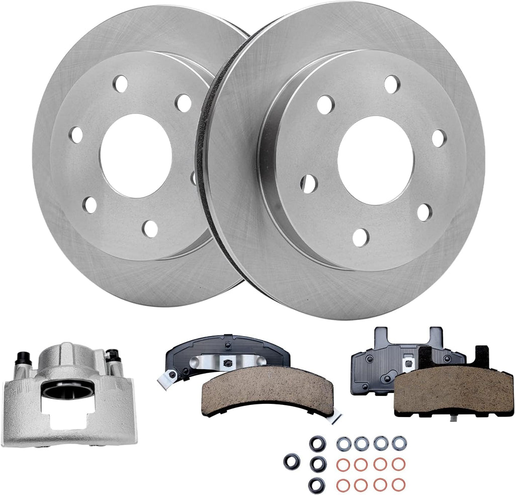 Detroit Axle - Front Disc Rotors Brake Pads + Right Brake Caliper Replacement for Chevrolet GMC K1500 K2500 Pickup Tahoe - 5pc Set