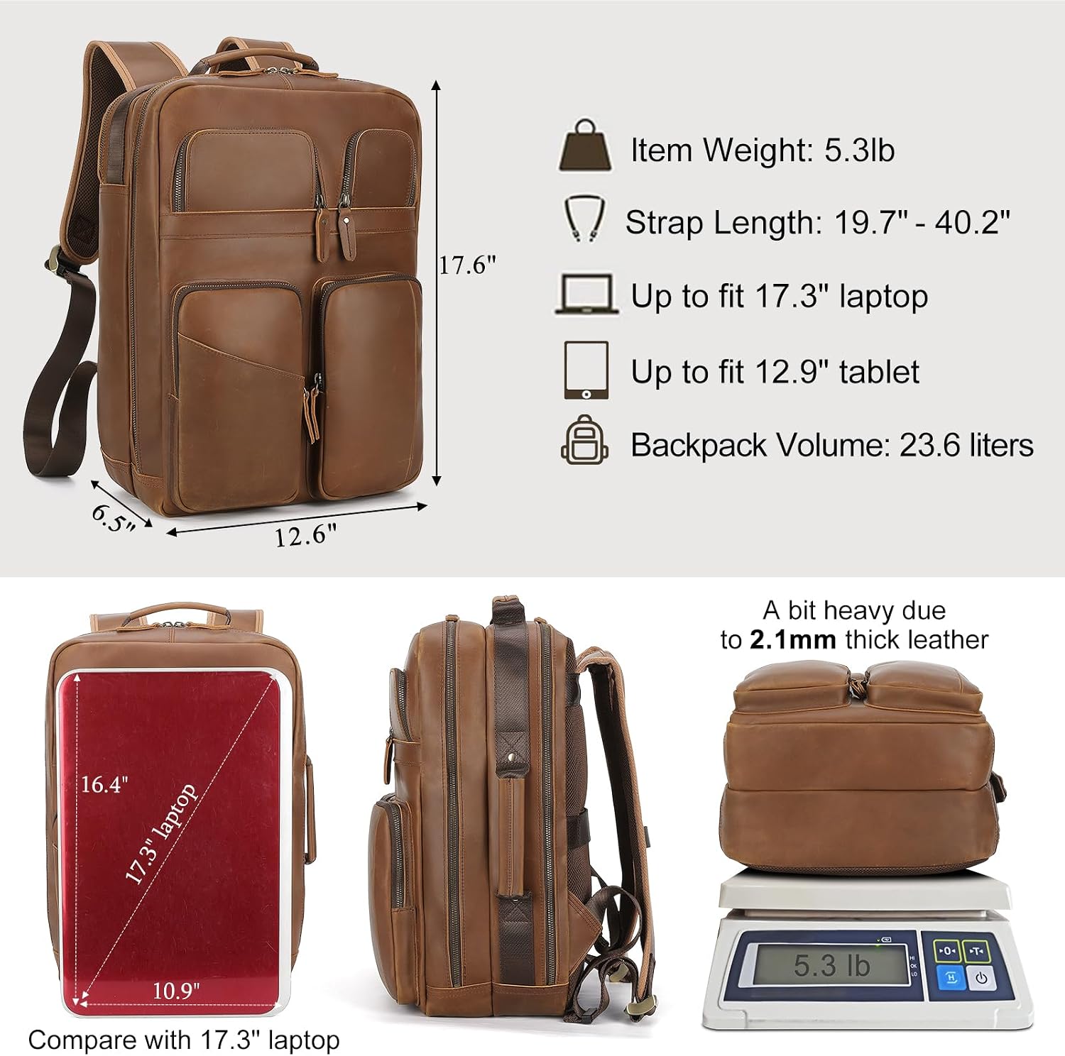TIDING 17.3 Inch Full Grain Leather Laptop Backpack for Men Multi Pockets Casual Daypack Travel Rucksack