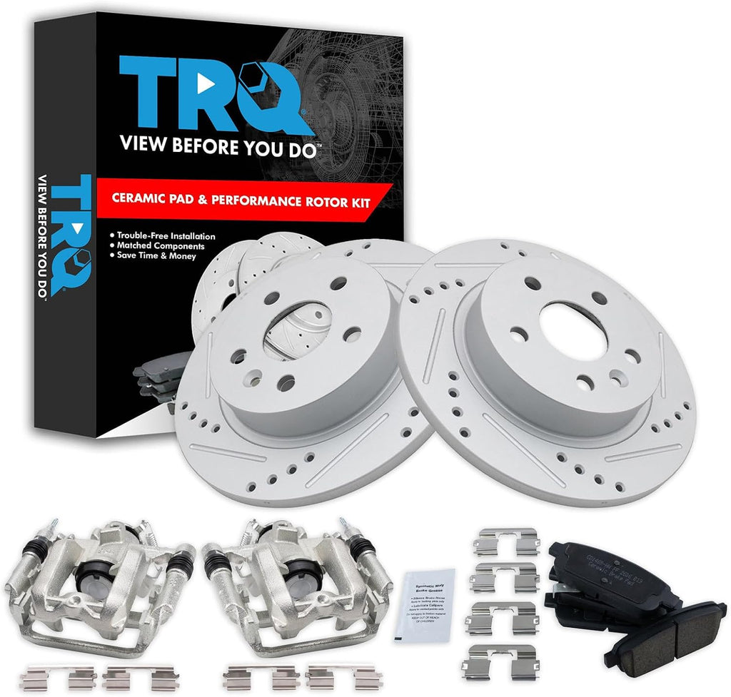TRQ Performance Rear Brake Pad and Rotor Set Ceramic Solid G Coated Rotors Calipers Compatible with 2011-2015 Chevrolet Cruze 2016 Cruze Limited