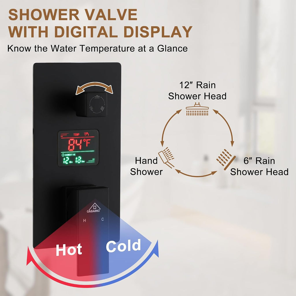 CASAINC Ceiling Mounted Shower System 12 Inch Rain Shower Head with Handheld Spray & 6 Inch Shower Head, Multifunctional Shower Faucet Set with Water Temperature Display (Matte Black)