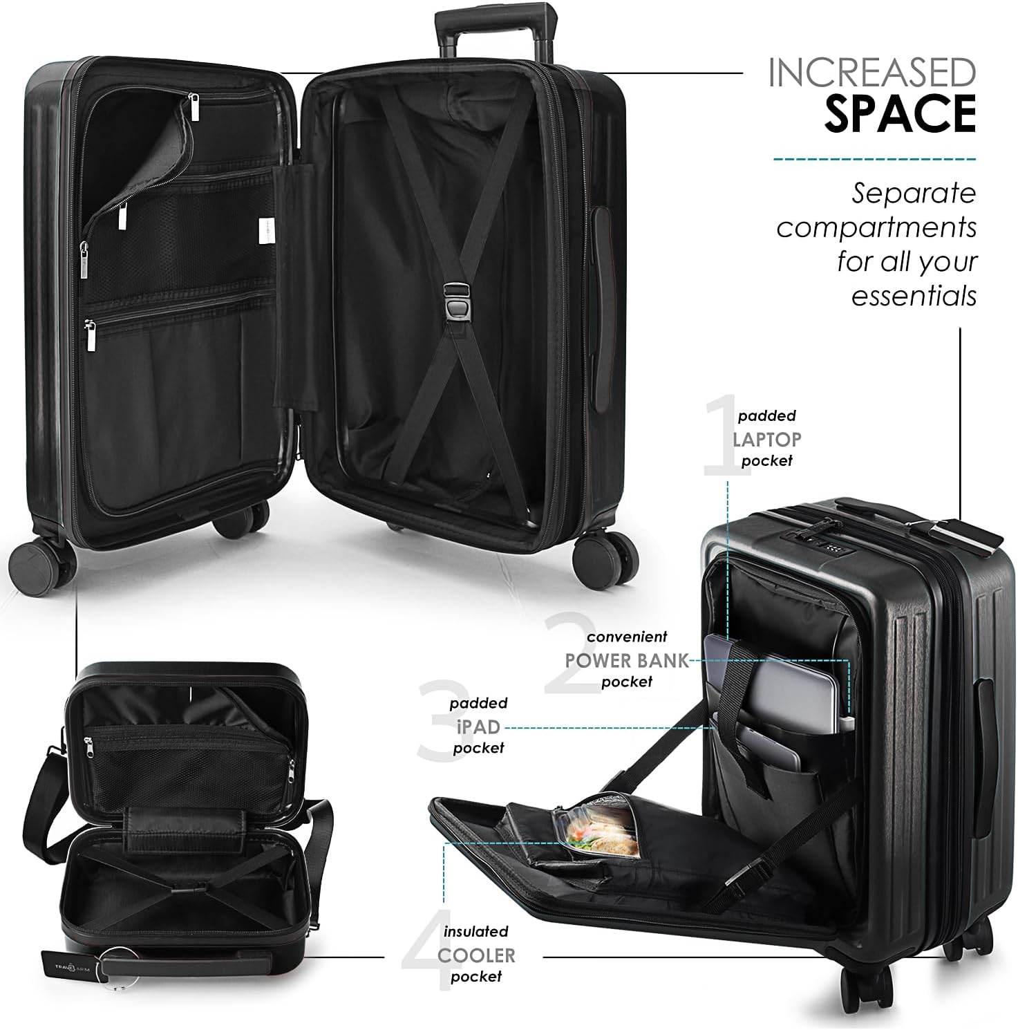 TRAVELARIM Hard Shell Luggage Sets with Spinner Wheels 4 Piece, Expandable Large Suitcases with TSA Lock, Travel Large Suitcase Set, Jet Black Luggage Set