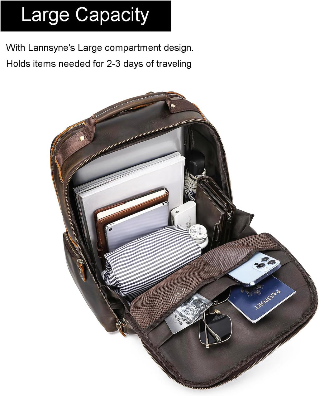 LANNSYNE Vintage Mens Full Grain Leather Backpack Fits 17.3 Inch Laptop, Large Casual Rucksack Shoulder Bag For Travel/Camping/Hiking-Brown