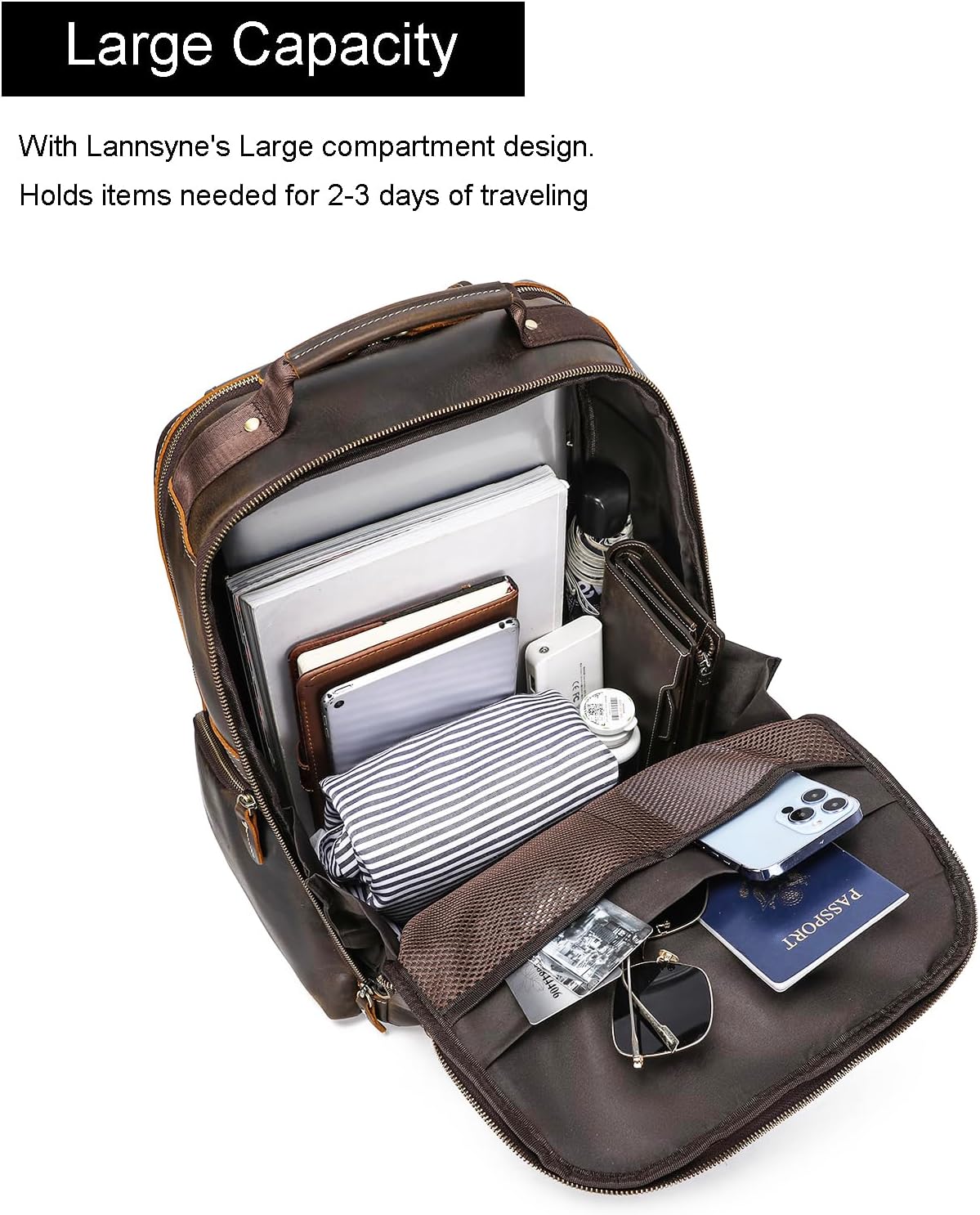 LANNSYNE Vintage Mens Full Grain Leather Backpack Fits 17.3 Inch Laptop, Large Casual Rucksack Shoulder Bag For Travel/Camping/Hiking-Brown